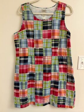 VINTAGE L.L BEAN Madras Patchwork Shift Dress 14P Y2K Preppy Coastal Cotton